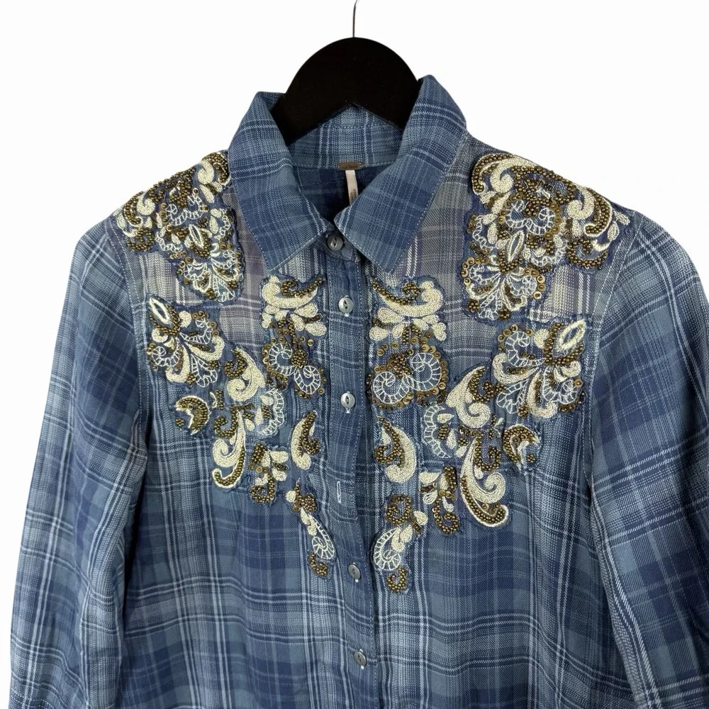 Free People Sz XS Stevie's Embellished Plaid Button-Down Shirt‎ Top Blue
